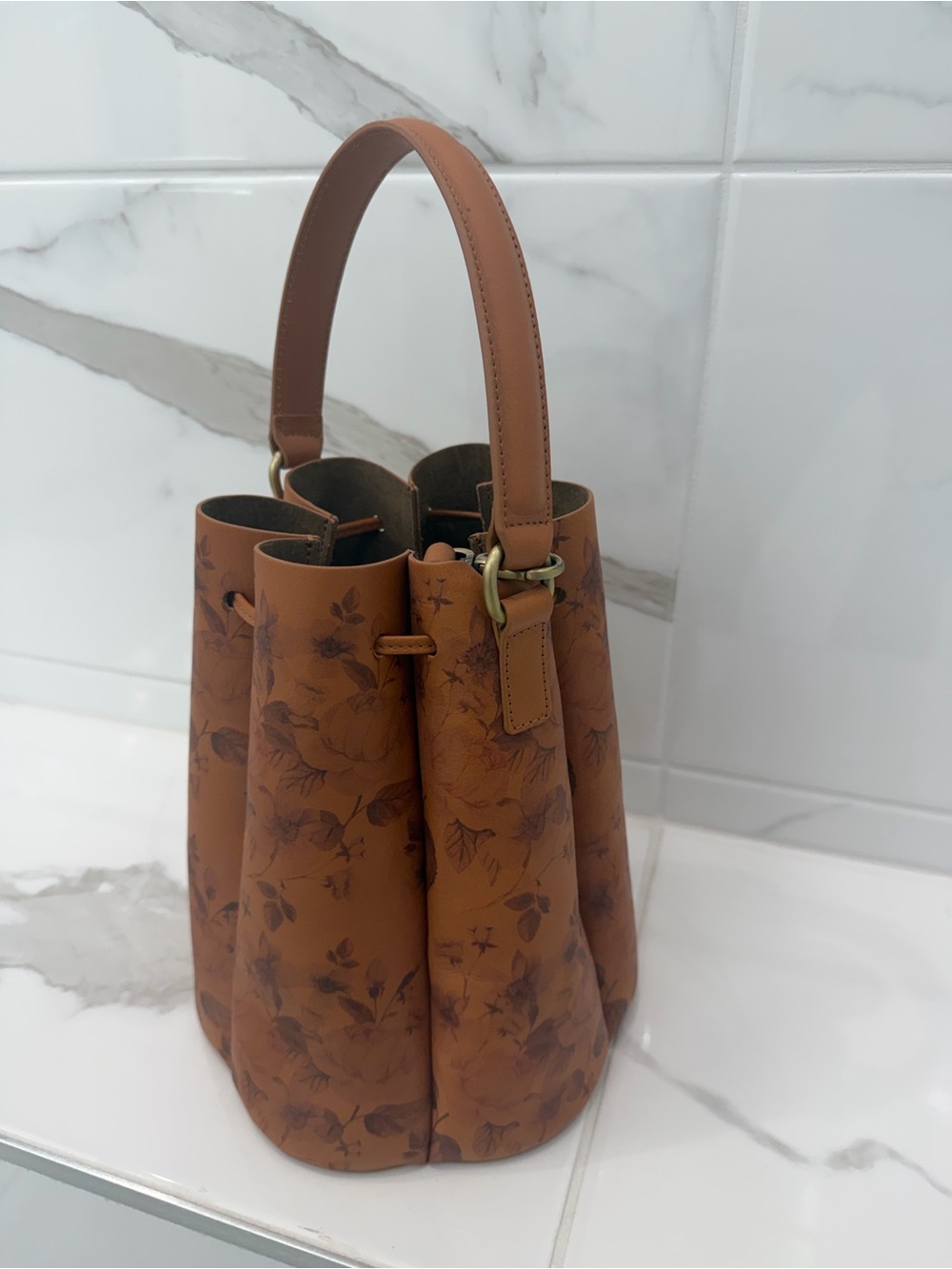Anthropologie Brown Floral Bucket Bag - Picture 2 of 3